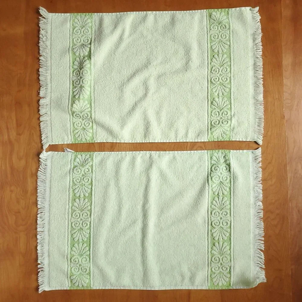 VTG Cannon Hand Towel Lot of 2 Green Sculpted Floral Fringe USA MCM Style READ